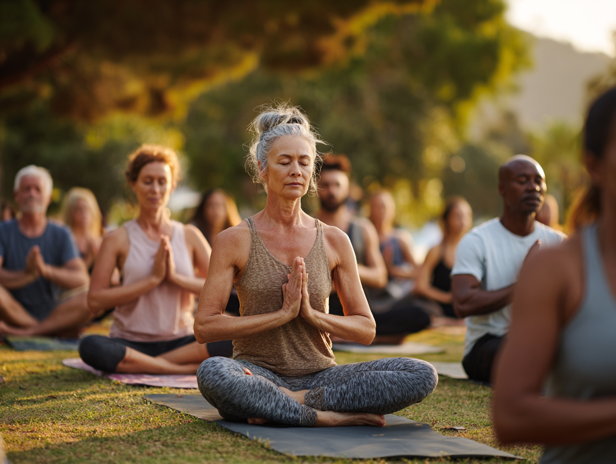 Активні люди різного віку займаються фітнесом на природі