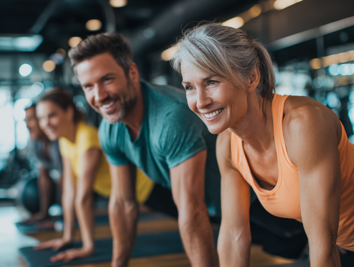 Група людей різного віку займається йогою в парку